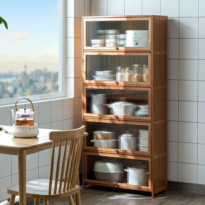 

Modern Kitchen Shelf Floor to Floor Multi-layer Storage Rack with Door Bowl Cabinet Storage Cabinet Microwave Rack Solid Wood