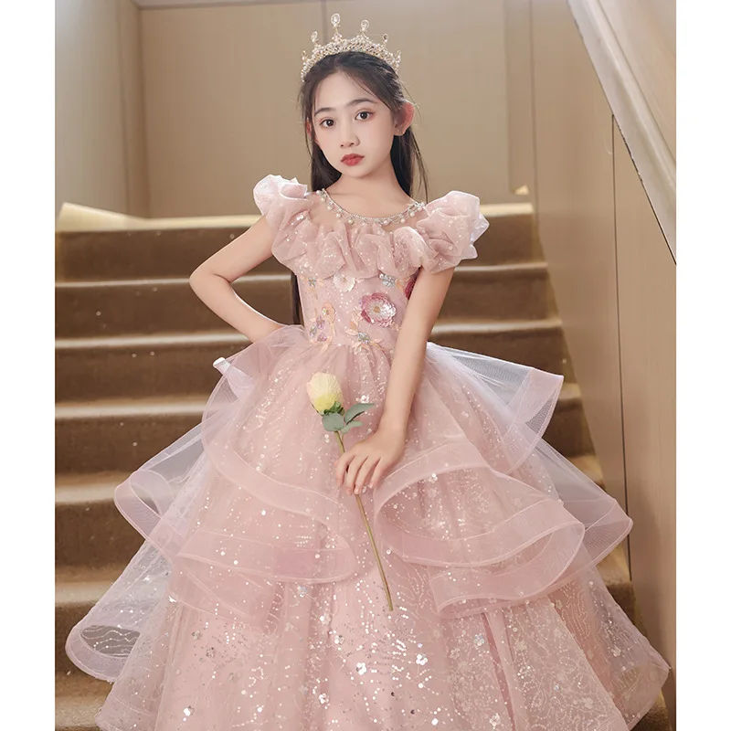 Flower Girl Dresses Pink Tulle Puffy sequin flower Pattern Appliques With pearl For Weding Birthday Banquet Princess Gowns