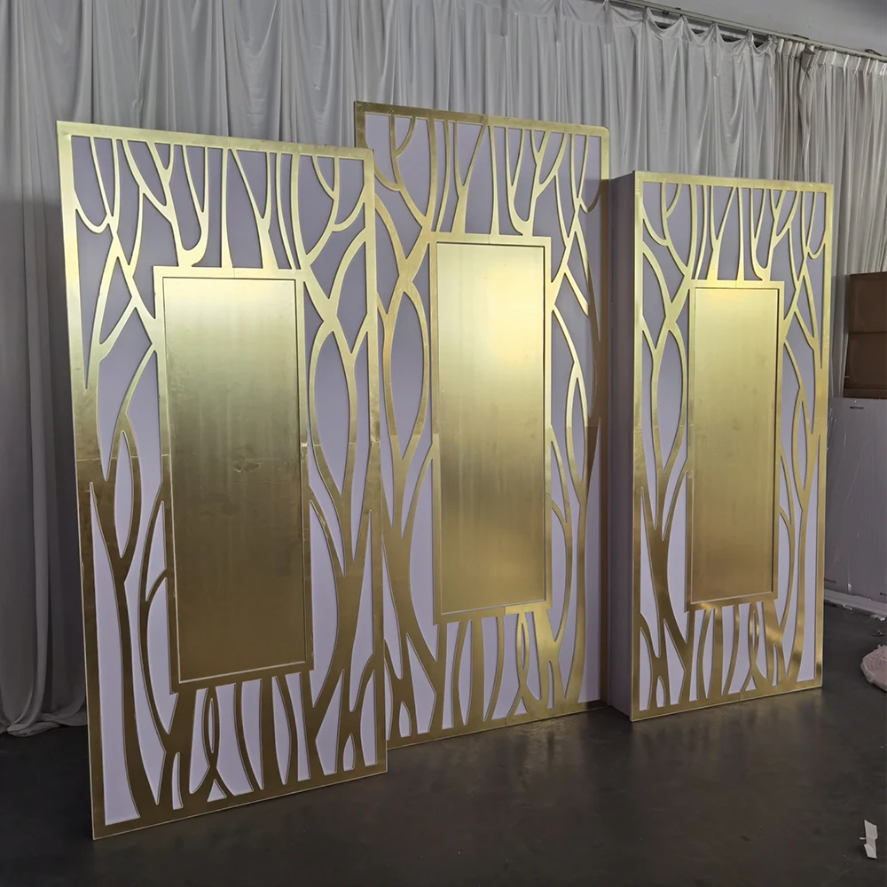 

Exquisite Luxury Golden Mirrored Rectangle Flower Wedding Backdrop Design For Sales