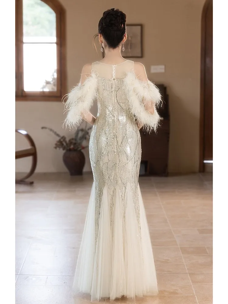 Off-the-shoulder light luxury niche heavy industry feasting host sequined adult dress