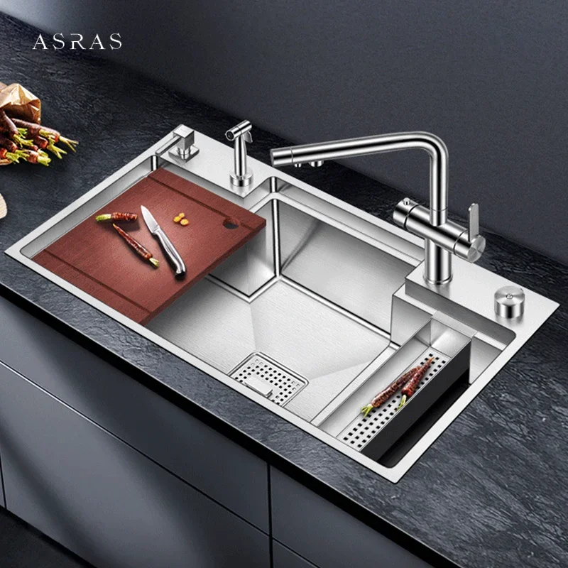 

ASRAS Handmade Brushed Stepped Kitchen Sink 4mm Thickness 220mm Depth Large Size Single Kitchen Stepped Sink