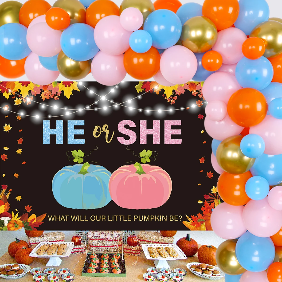 

JOYMEMO Little Pumpkin Gender Reveal Party Supplies Pumpkin Balloon Garland He or She Backdrop for Fall Thanksgiving Decorations