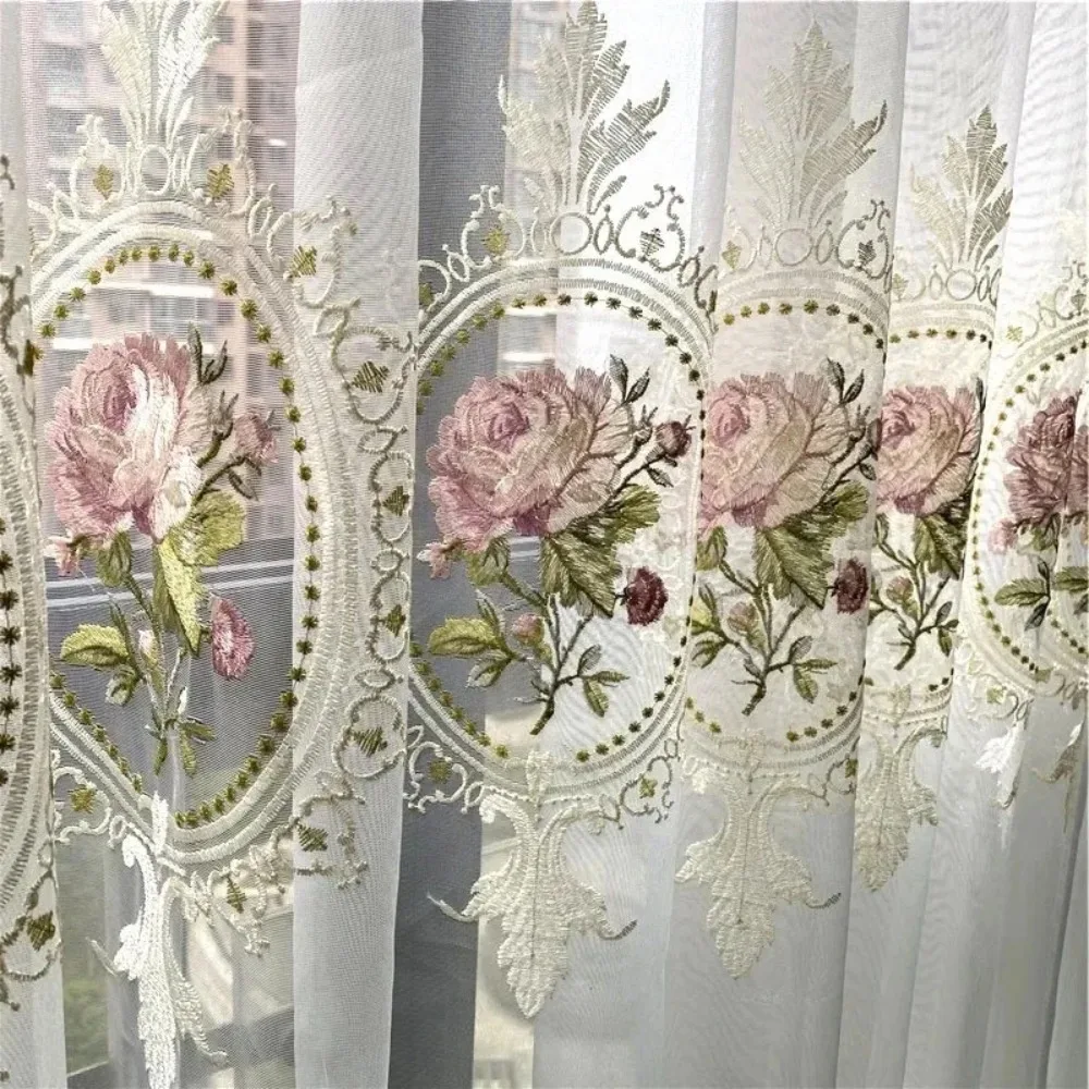 1PC Luxury Embroidery Tulle Curtains for Living Room Bedroom Decor Elegant Peony Flower French Transparent Voile Fabric