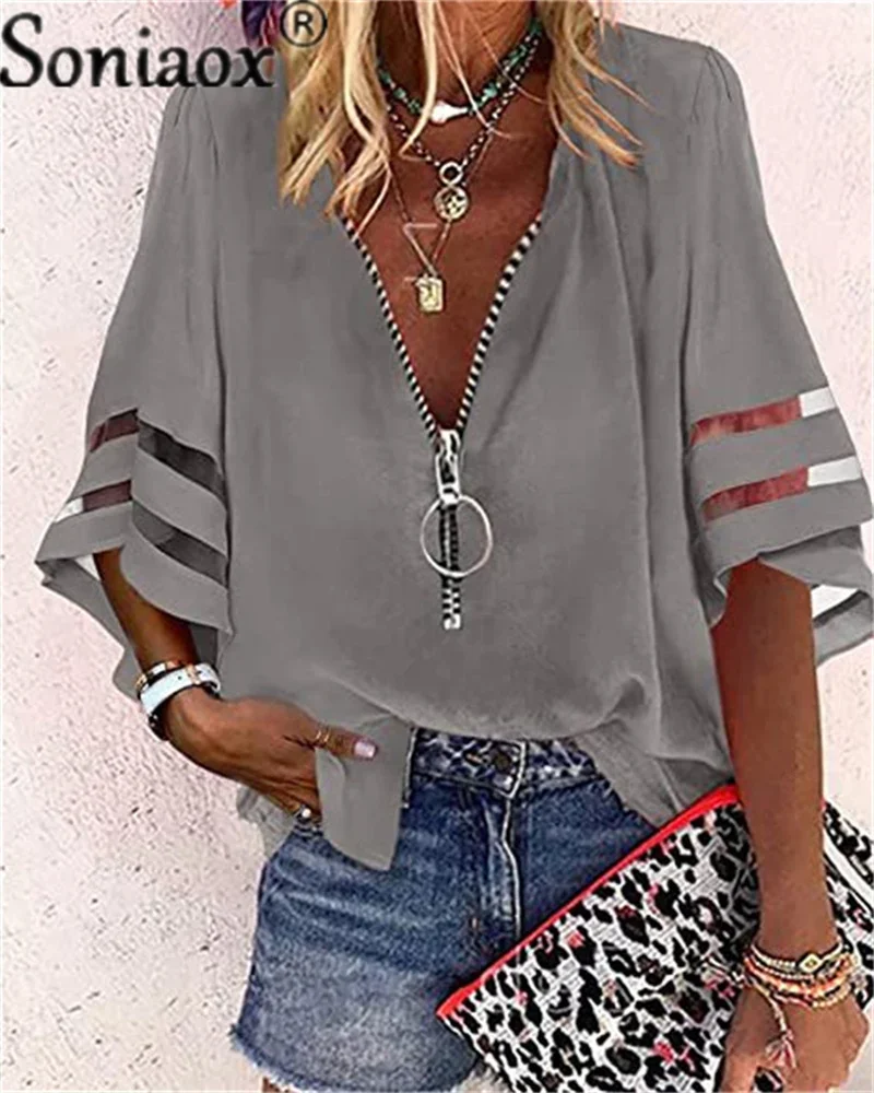 Sexy Lace Patchwork Flared Sleeve Mesh Solid Shirt Blouse 2022 Summer Women Zipper V-Neck Loose Casual Tops T-Shirt Streetwear