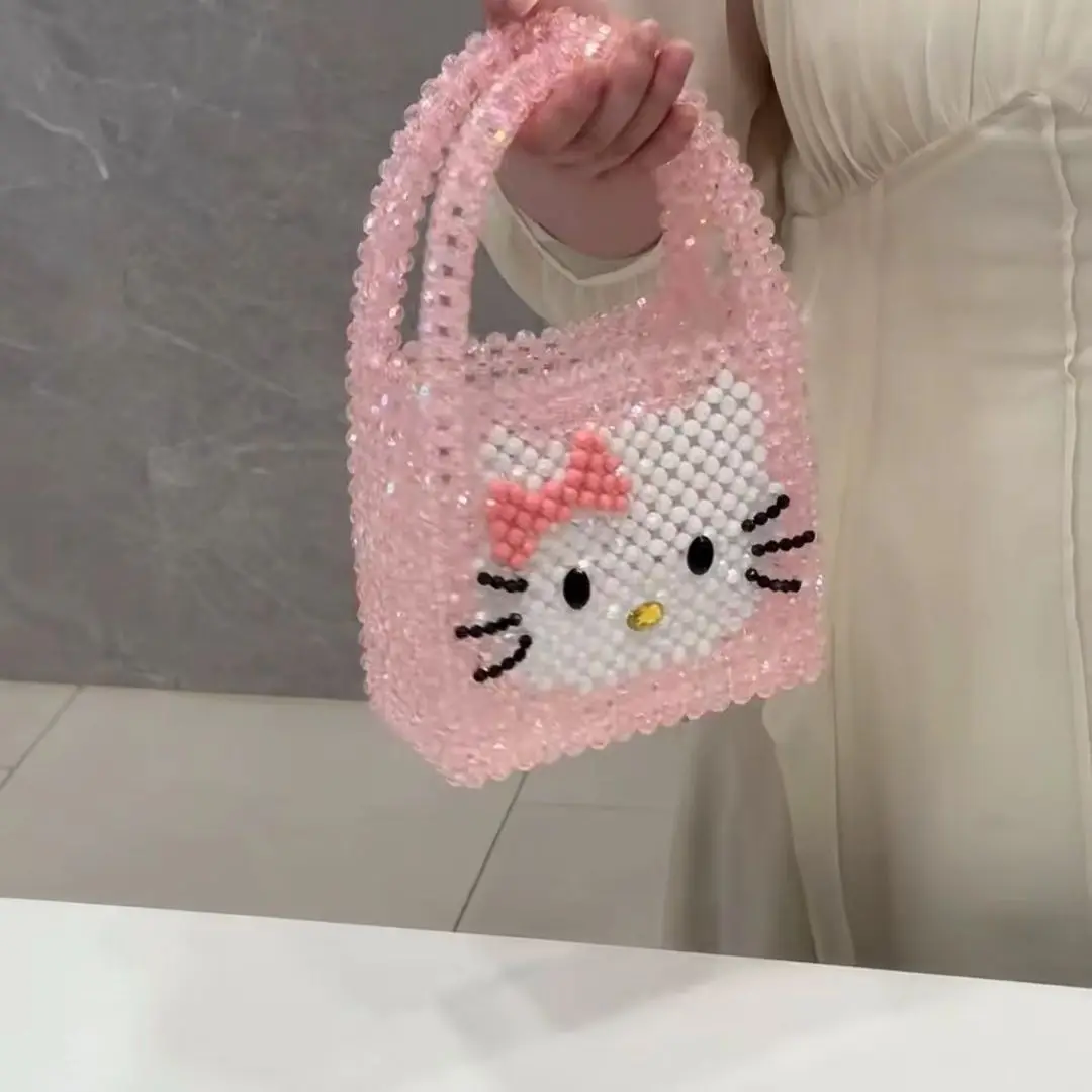 Hello Kitty Fashion Crystal Beaded Evening Handbag Kawaii All-match Children Y2k Travel Beach Bag Pearl Chain Tote Pouch Gifts