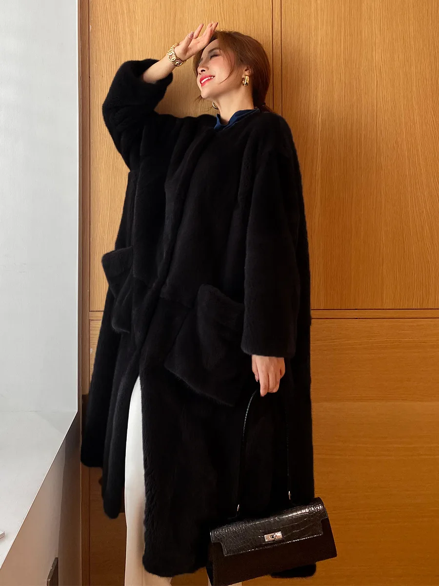 Women Faux Fur Coats Mid Length Fur Jackets Pocket Round Y2k Neck Long Sleeves Thick Warm Fur Loose Casual 2025 Autumn Winter