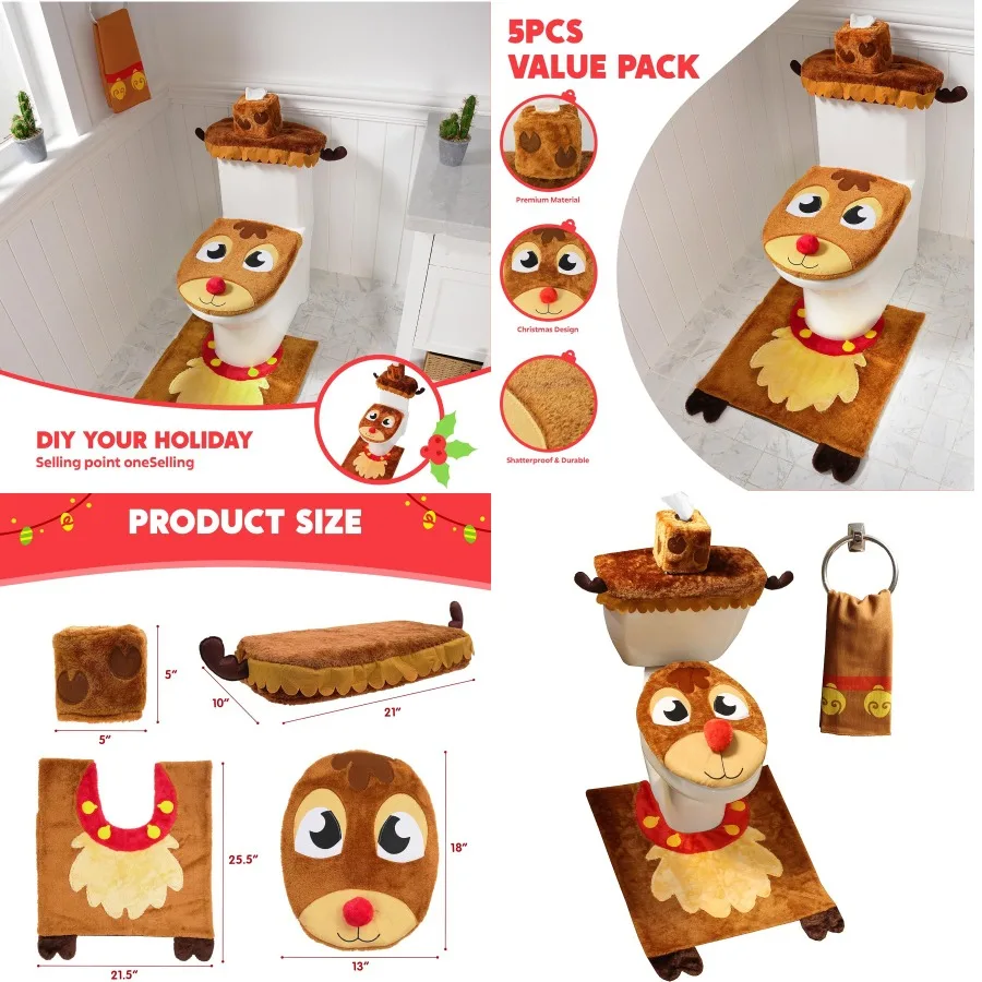 

5 Pieces Christmas Theme Bathroom Decoration Set with Toilet Seat Cover Rugs Tank Cover Toilet Paper Box Cover and Santa Towel