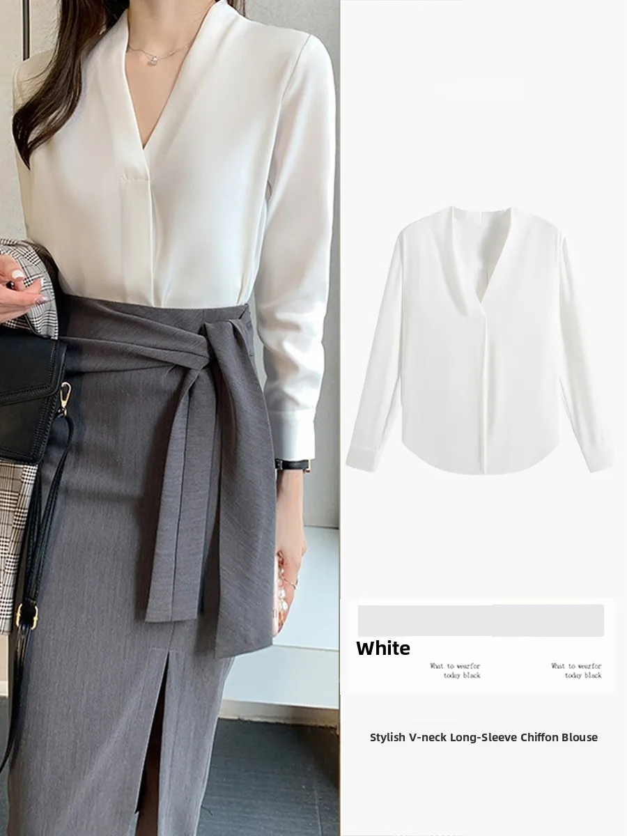 

Ele V-Ne Long Sve Women's irt Spring New Sle Profional Drapey Korean Version Slimming Top Faionable Commute...