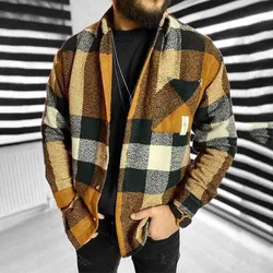 Fall Mens Fashion Plaid Printed Shirt Jackets Long Sleeve Turndown Collar Buttoned Outerwear Men Casual Loose Coats Streetwear