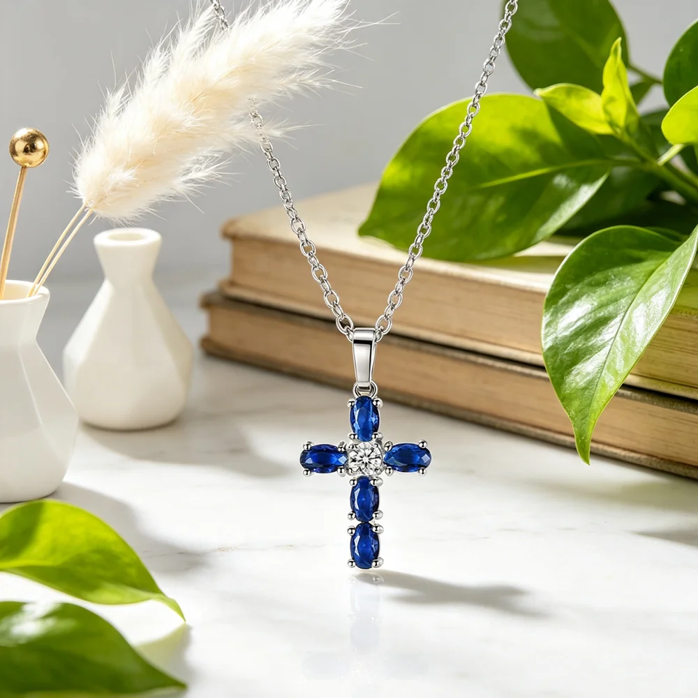 Big Discount Genuine 925 Sterling Silver Necklace With Shiny Blue CZ Crystal Cross Pendant Latest Style Wholesale/Retail