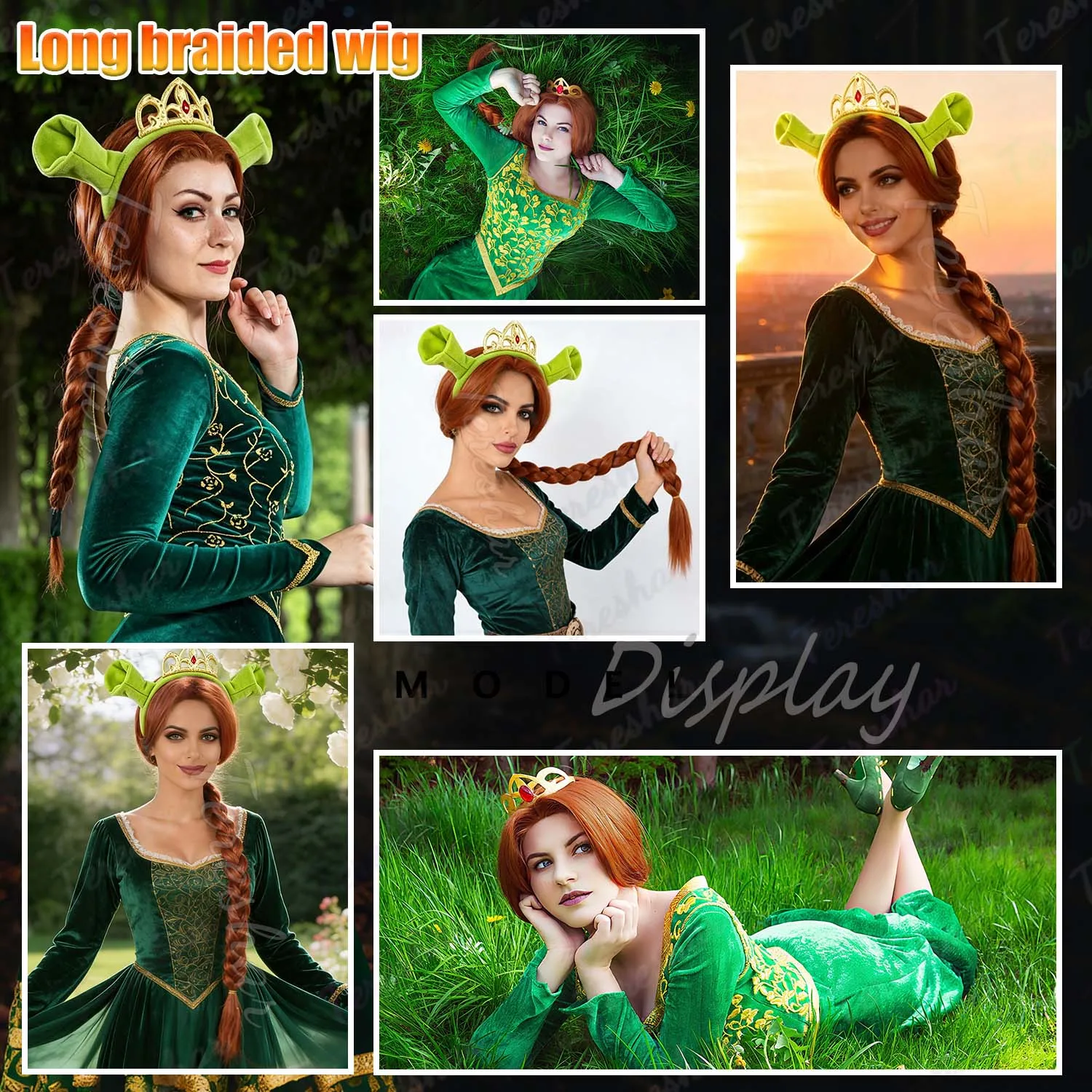 Synthetic Reddish Brown Fiona Costume Wig+Ogre Green Ears Headband with Princess Crown,Cosplay Halloween Anime Party Braided Wig