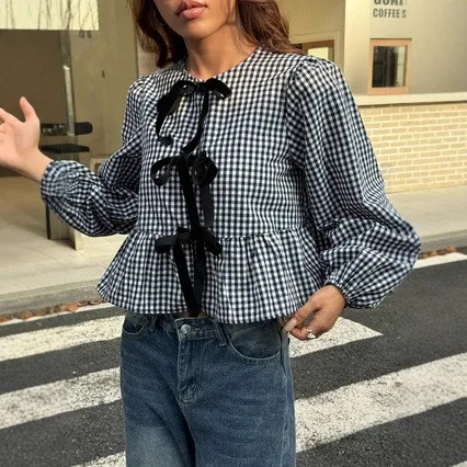 Plaid Casual Top Loose Fit Japanese Korean Casual with Tie Detail Cardigan Wrinkle Finish Summer Long Sleeve Shirts for Women