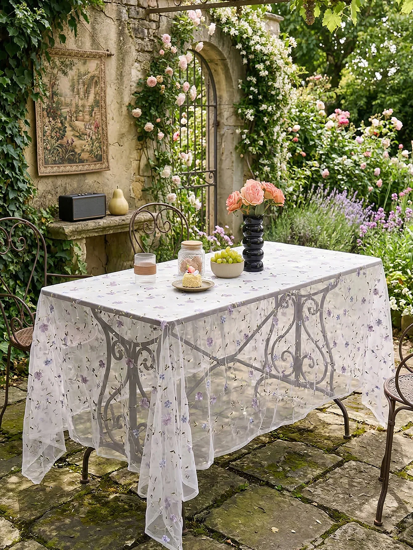 1Pc Embroidered Floral Jacquard Lace Semi-Transparent Gauze Tablecloth  Home Kitchen Decoration Tablecloth