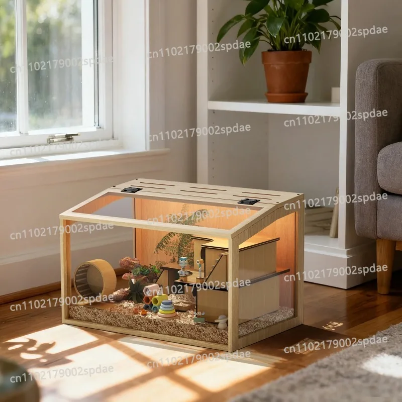 Natural Wooden Hamster Habitat Cabinet Built-in Observation Lighting Tabletop Small Pet Enclosure Home Hamster House