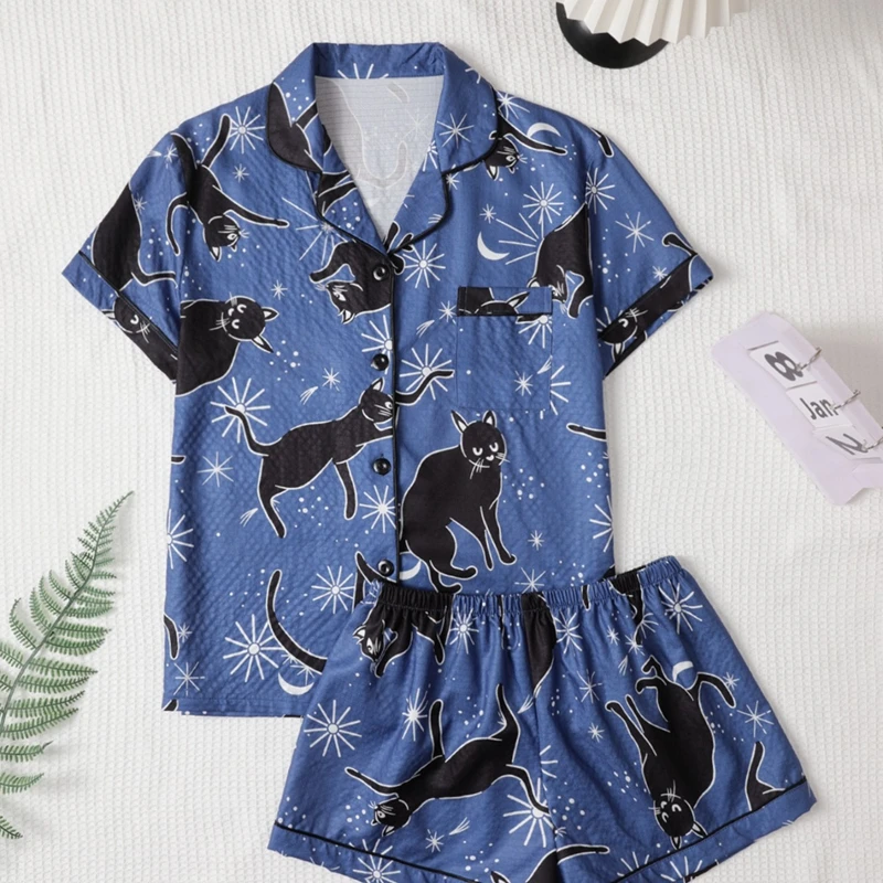 

Women's Cute Cat Print 2Pcs Pajama Set Blue Short Sleeve Lapel Top And Elastic Shorts Perfect For Summer Sleepwear Loungewear