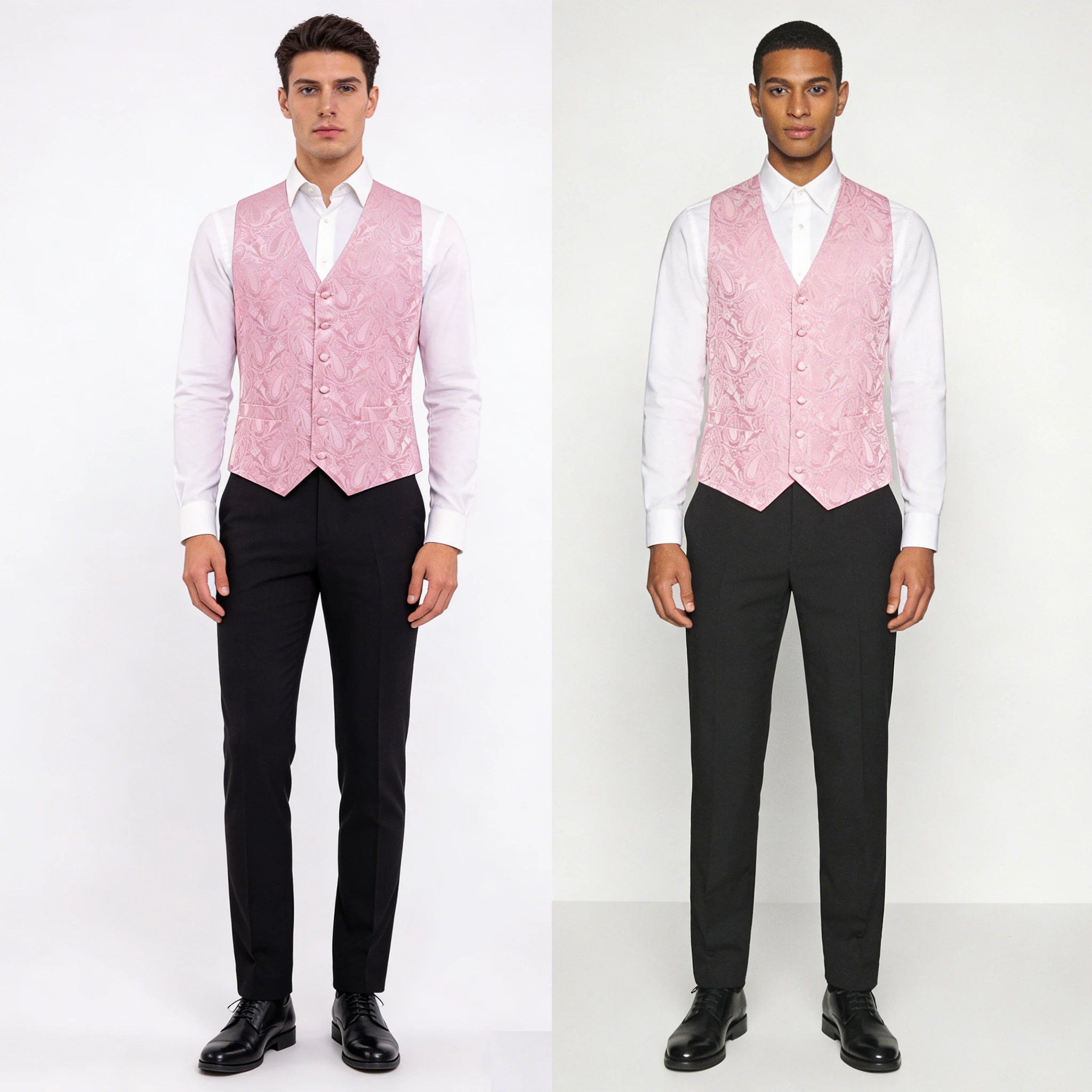 

Luxury Mens Vests Jacquard Woven Paisley Waistcoat Tie Hanky Cufflinks Set Pink Peach Salmon for Men Suit Weddding Business Gift