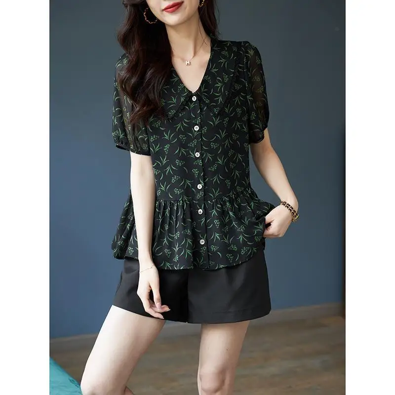 Summer New Vintage Printing Loose Casual Blouse Female Short Sleeve Fashion All-match Buttons Top Women Oversized Elegant Shirt