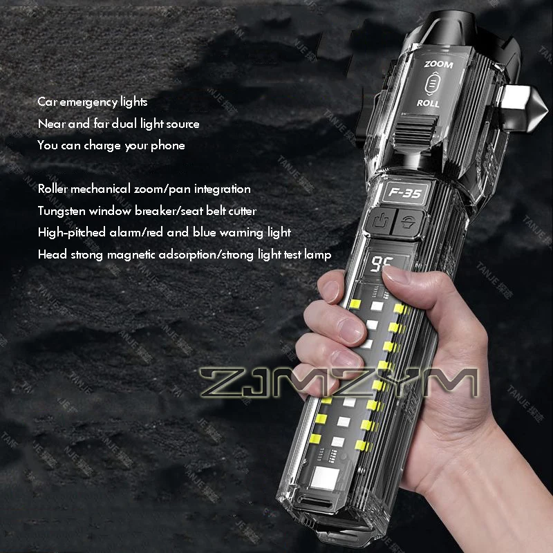 Multifunctional LED Flashlight With COB Side Light USB Charging Emergency EDC Torch Flashlight with Hammer for Self Defence