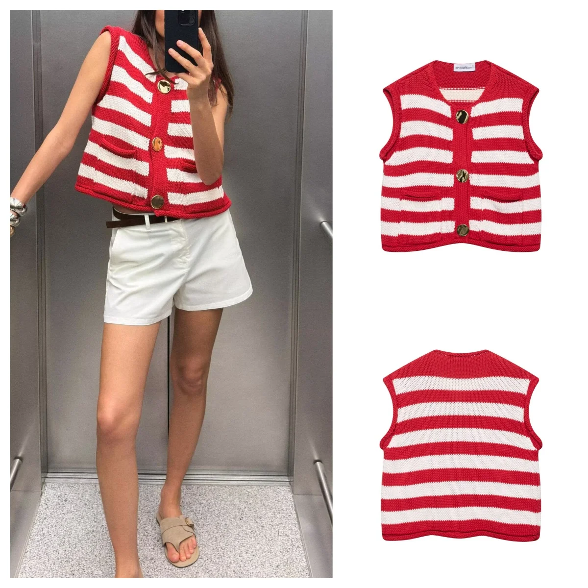 

European and American style 2025 new round neck single-breasted sleeveless striped knitted vest top