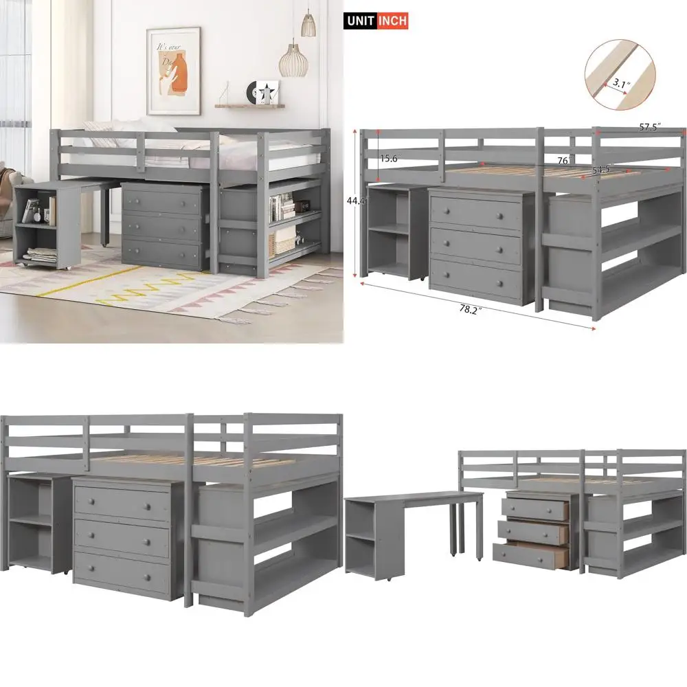 

Wooden Full Size Loft Bed for Kids with Desk, Storage Shelves, and Rolling Desk - Gray