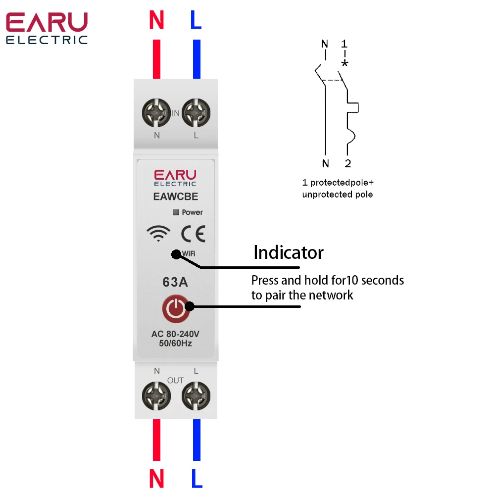 Tuya-Disjuntor inteligente com Wi-Fi, aplicativo eWeLink, controle remoto de voz, interruptor para Alexa, Google Home Assistant, MCB, 1P + N, 63A, relé de tempo