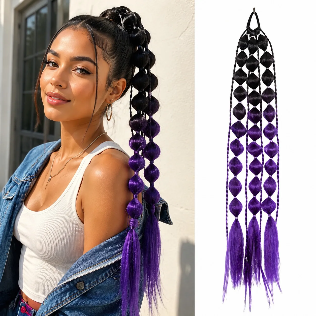 55cm 22 Zoll Bubble Braids Haarverlängerung Synthetischer Geflochtener Pferdeschwanz Haarteil mit Schlaufenbefestigung für Damen Festival Party Frisur – Detail 1