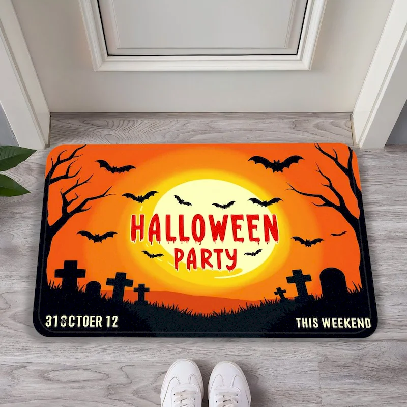 VIKAMA Halloween Day Of Death Doormat Ghost Skeleton Castle Pumpkin Print Anti Slip Washable Carpet Home Decoration