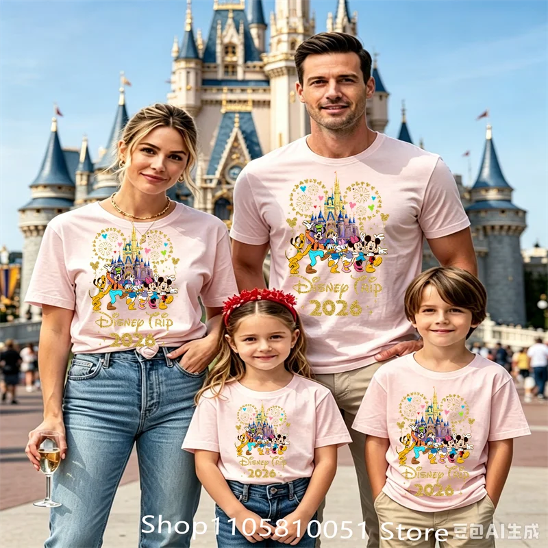 2026 Disney Castle Mickey Ear Print T‑Shirt Family Matching Short Sleeve Tops Casual Holiday Trip Tees Women Men Summer view 3