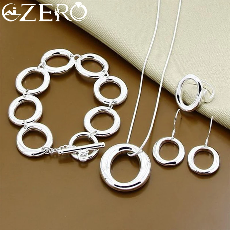 ALIZERO 925 Sterling Silver Round Circle O-Shaped Necklace Bracelet Earrings Ring Set for Women Wedding Engagement Party Jewelry