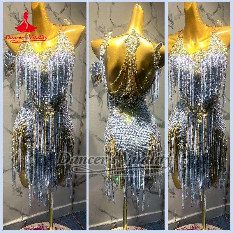 Abito da ballo latino senza schienale Donna Rumba Chacha Tango Performance Costumi da competizione Bambino adulto Vestito da ballo latino Personalizzato