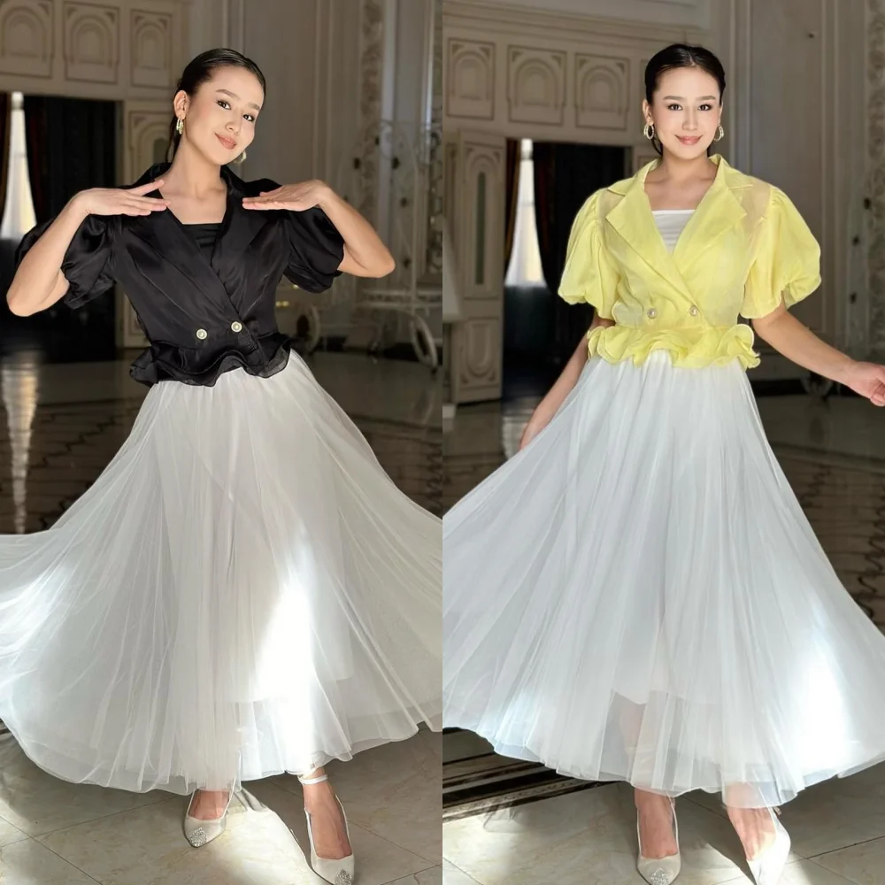 Customized Modern Style Matching Tulle Pleat Ruched Draped Button A-line V-neck Midi Dresses Homecoming Dresses High Quality Pas