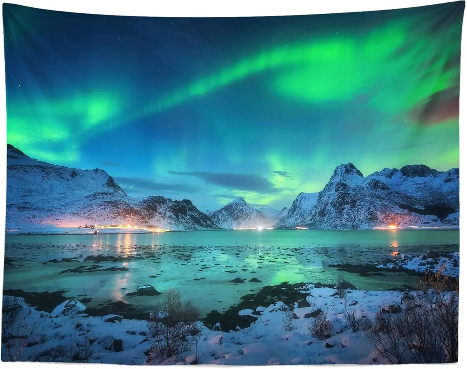 Northern Lights Tapestry, Green Aurora Over Snowy Mountains and Frozen Lake at Night Print Wall Hanging for Home Decor