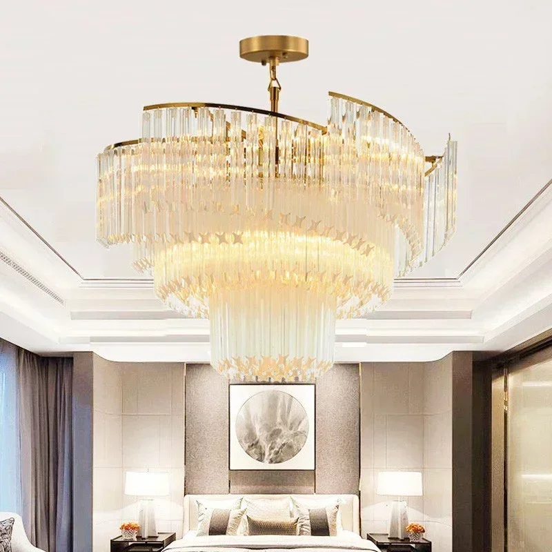 Mid Century Crystal Led Lights Luxury Villa Lobby Hanging Lamps Vintage Circular Pendant Chandeliers for Room Lustre Home Decor