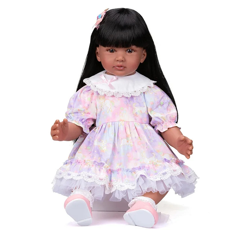 60cm Reborn Doll Girl Reborn Baby Doll In Black Skin Baby Reborn Silicone Cloth Body Toys dla dzieci Lifelike Reborn Dolls