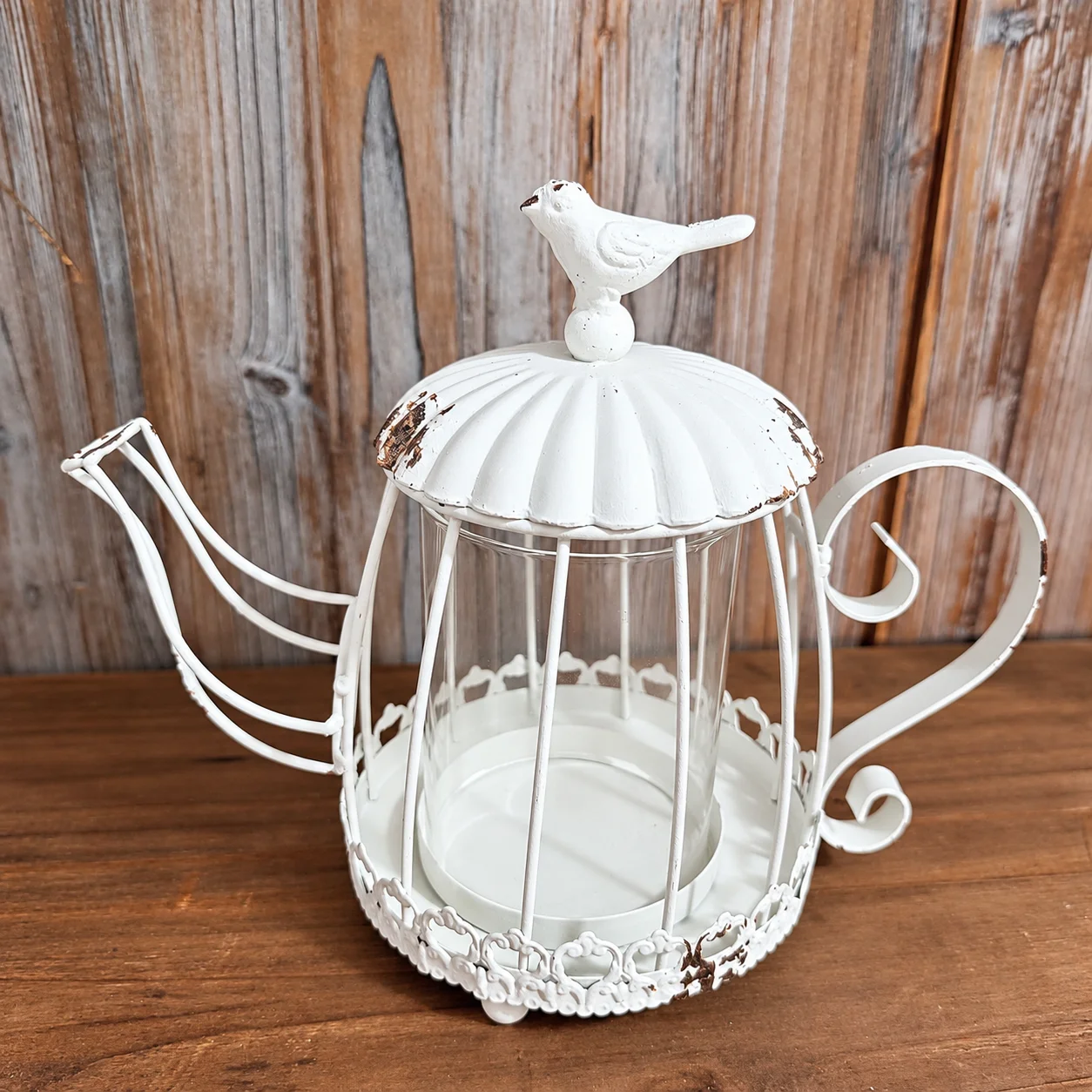 Vintage White Distressed Metal Teapot Candle Holder with Bird Finial, Rustic Shabby Chic Decorative Lantern with Glass Insert