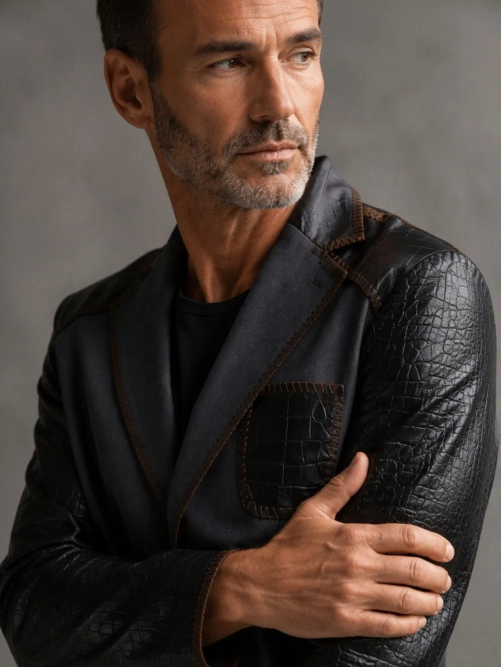Men's Blazer Black Grey Faux Crocodile Leather Patchwork Slim Fit Single Breasted Party Casual Business Performance Suit Jacket