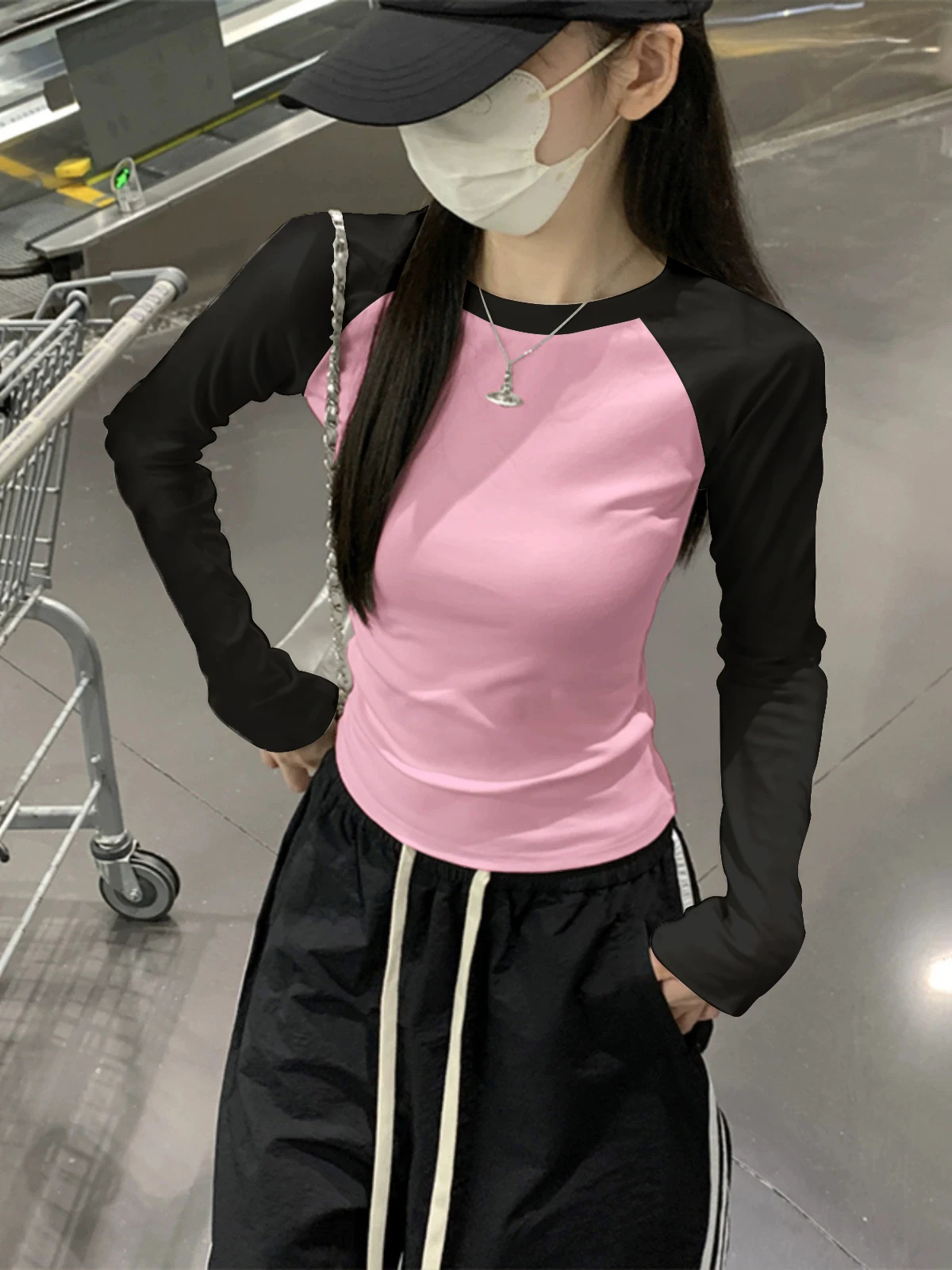 American Style Hot Girl Shoulder Length Sleeve T-Shirt Women's Spring Autumn Inner Wear Base Shirt Correct Shoulder Slim Fit ...