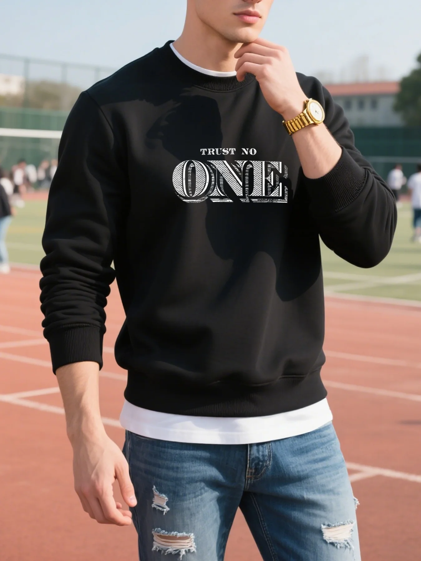 سترة رجالية كاجوال برقبة دائرية، طباعة عصرية - مزيج قطن ناعم، قابل للغسل في الغسالة