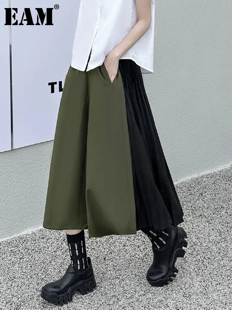 

[EAM] High Elastic Waist Army Green Color-block Pleated Wide Leg Pants New Trousers Women Fashion Spring Autumn 2024 1DH5281