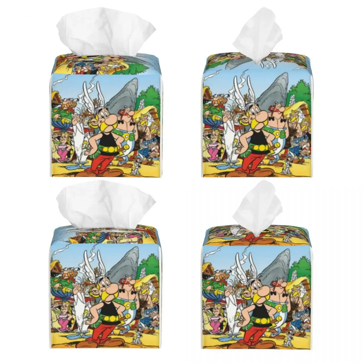 Custom Anime Asterix And Obelix Facial Tissue Box Cover Square Anime Cartoon Getafix PU Leather Tissue Box Holder for Car Office