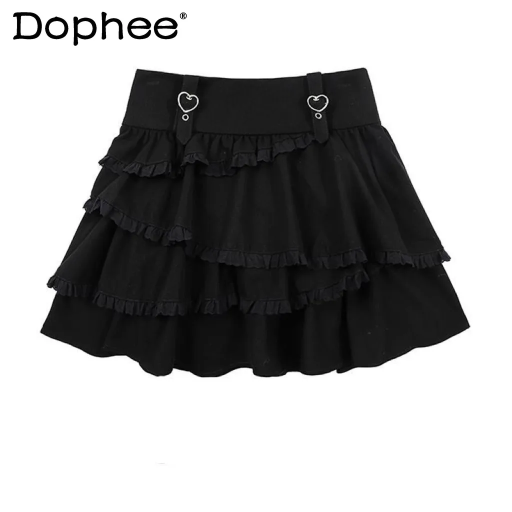 

Subculture Dark Y2K Millennial Hot Girl Sweet Cool Heart Buckle Cake Skirt 2026 Summer High Waist Slimming Black A-line Skirt