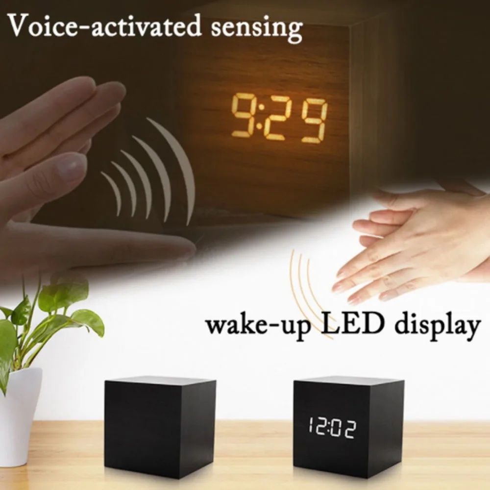 Multi-functional Digital Alarm Clock Wooden LED Temperature Electronic Voice Control Table Clocks Control Snooze Function