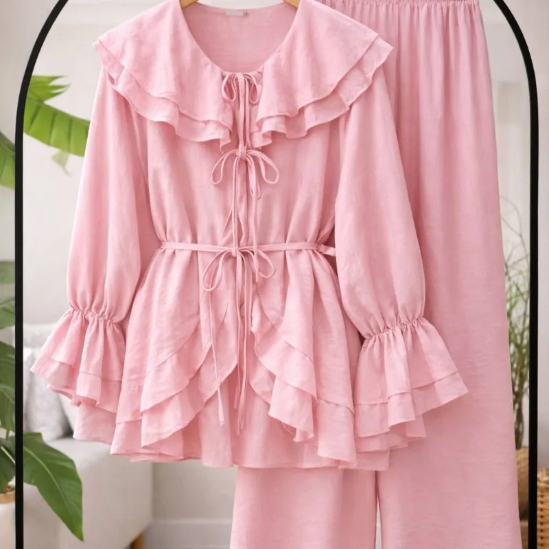 French Gentle Two-piece Set Ruffled Blouse + High-waist Wide-leg Pants Belted Waist To Show Height Versatile Women's Clothing