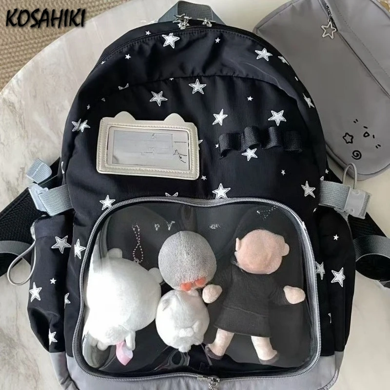 

Y2k Aesthetic Patchwork Contrast Color Star Women Schoolbags Grunge Vintage Students Backpacks Transparent All Match Ita Bags