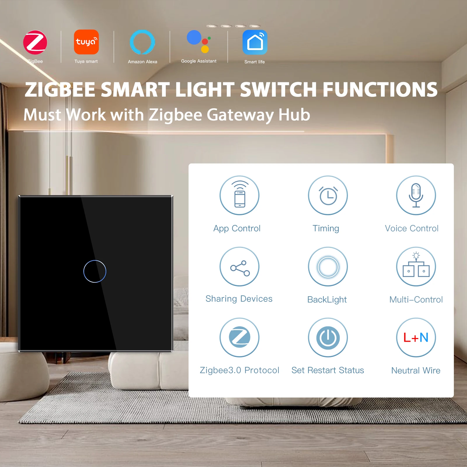 BSEED Zigbee Switch Wall Smart Light Switch 1Gang 3Way For Staircase Work With Tuya Alexa Smart Home App Neutral Wire 3Pack