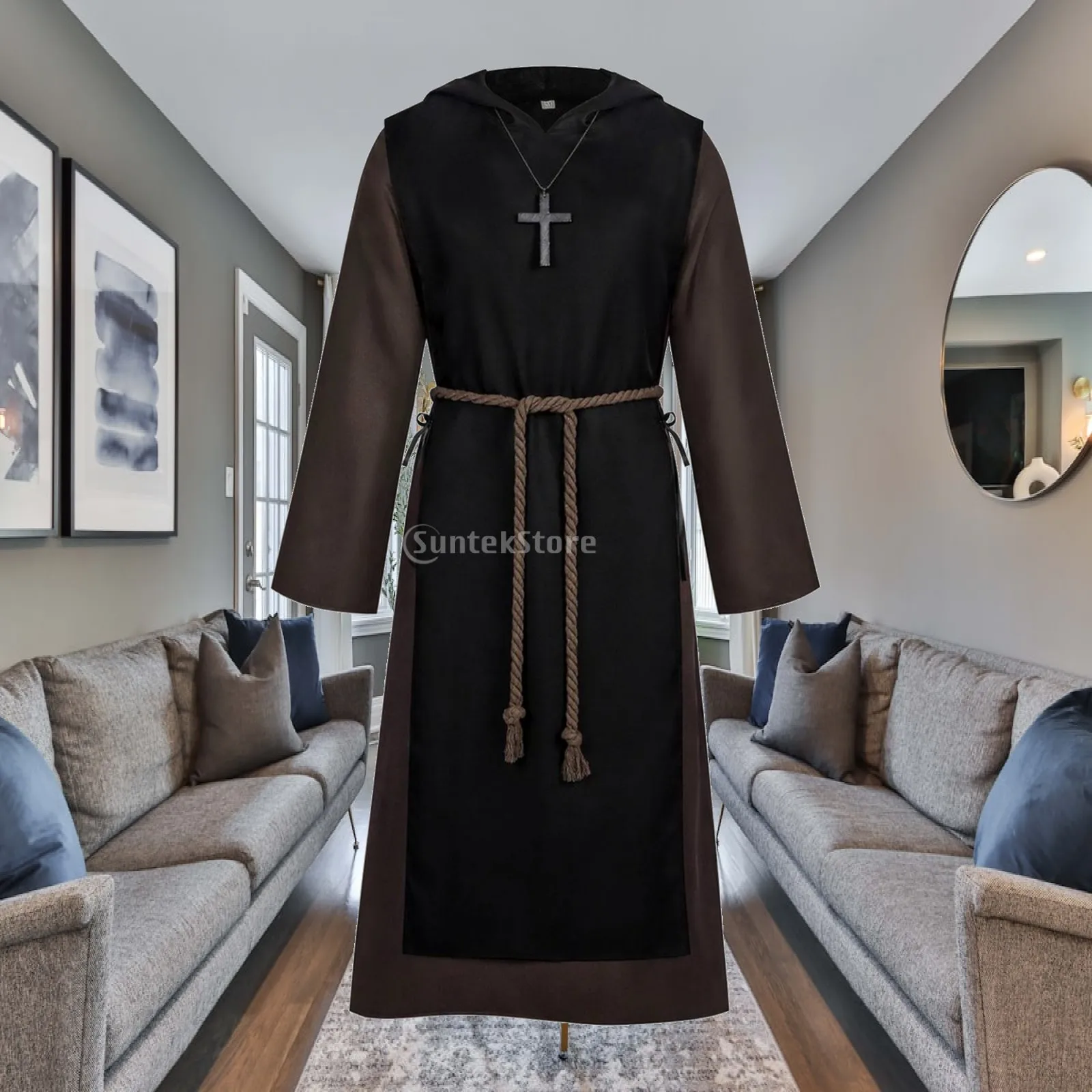 Monk Inspired Halloween Robe with Braided Rope Belt and Cross Jewelry for Historic Reenactment