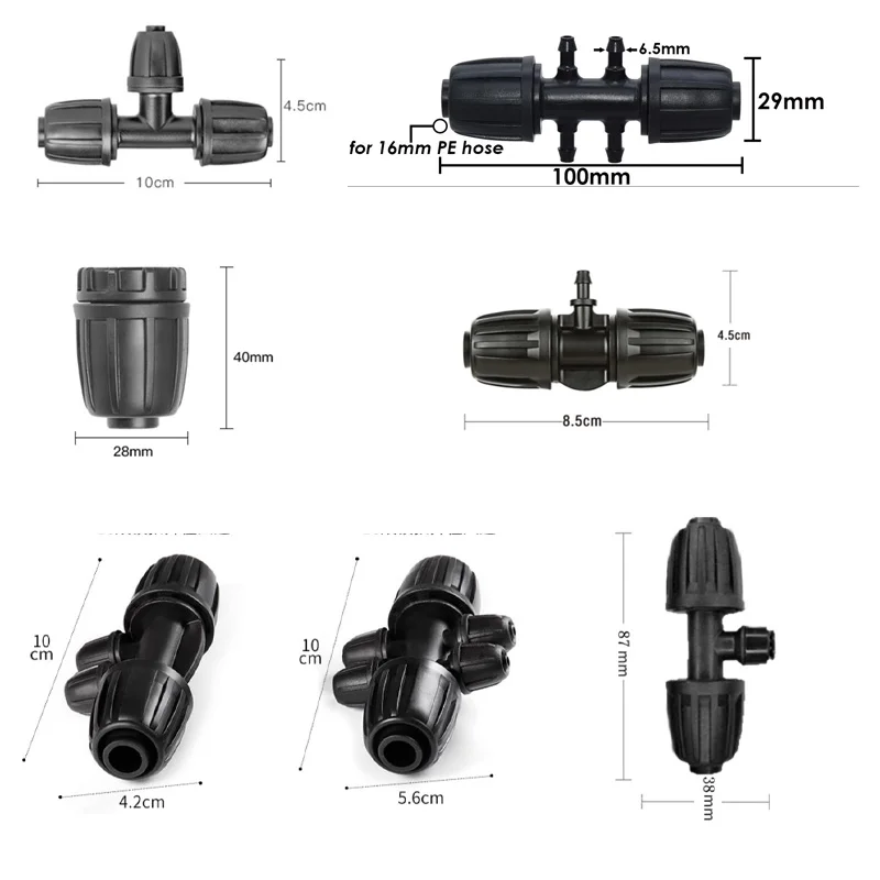 5pcs 1/2'' PE Pipe 16mm Locked Connector To 4/7mm 3/4/6-Way Connector  Garden Watering Drip Irrigation Fittings