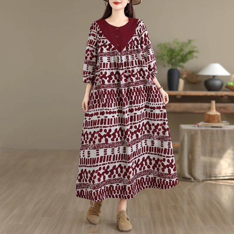 جديد Ele القطن الكتان الأزهار طباعة ميدي الدكتور وهمية قطعتين ربيع الخريف العرقية Sle فضفاضة تناسب عالية الخصر طويلة Sve V...