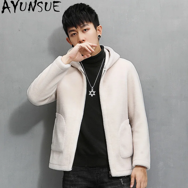 AYUNSUE 2025 Fashion 100% Wool Coats for Man Hooded Winter Mid-length Granular Lamb Wool Jacket Men Clothing Sheep Shearing Coat