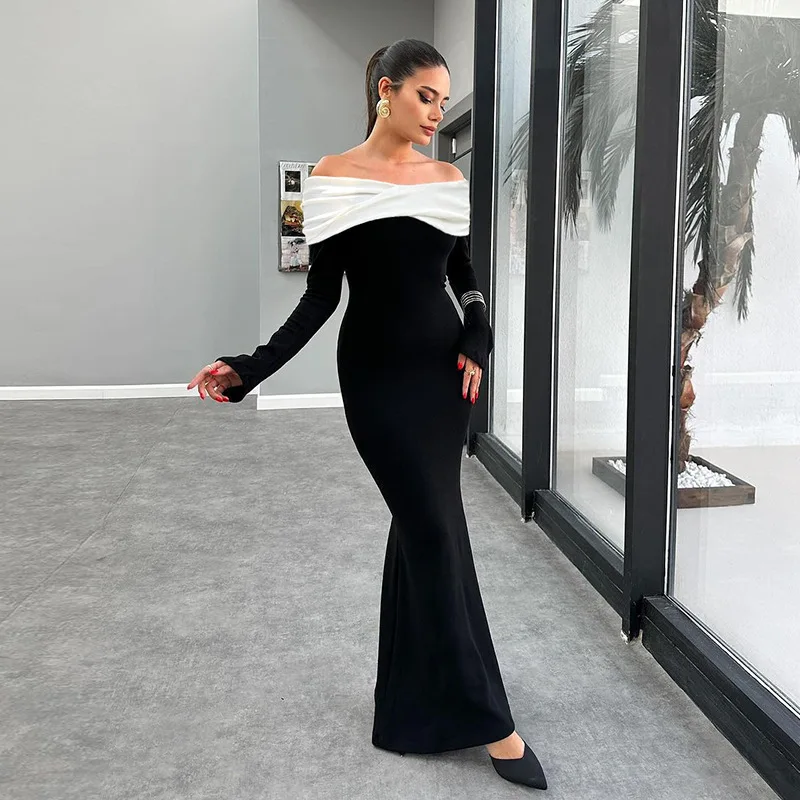 

Women's 2025 Spring Fall Long Sleeve Dresses, New European-Style, White and Black Slash Neck Patchwork Dress Woman Fashion
